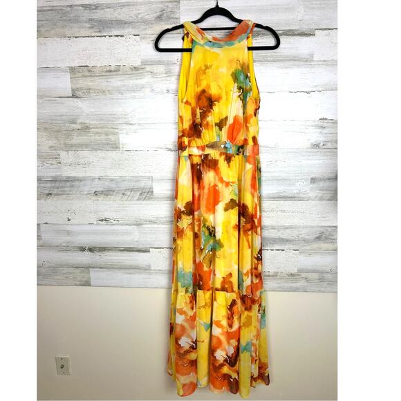 Tahari ASL Womens 10 Yellow Floral Chiffon Halter Neck Lined Tie-Back Maxi Dress - Picture 3 of 8